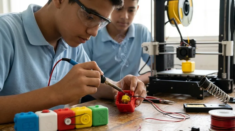Estudiante de bachillerato con lentes de seguridad soldando el motor dentro de la carcasa abierta de un CreaBlock, junto a una impresora 3D