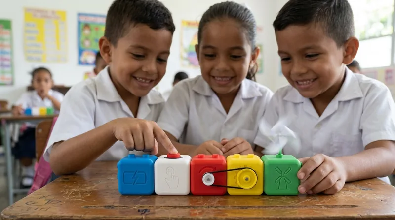 Tres niños de primaria presionan el pulsador de una fila de CreaBlocks y el molinete de papel gira