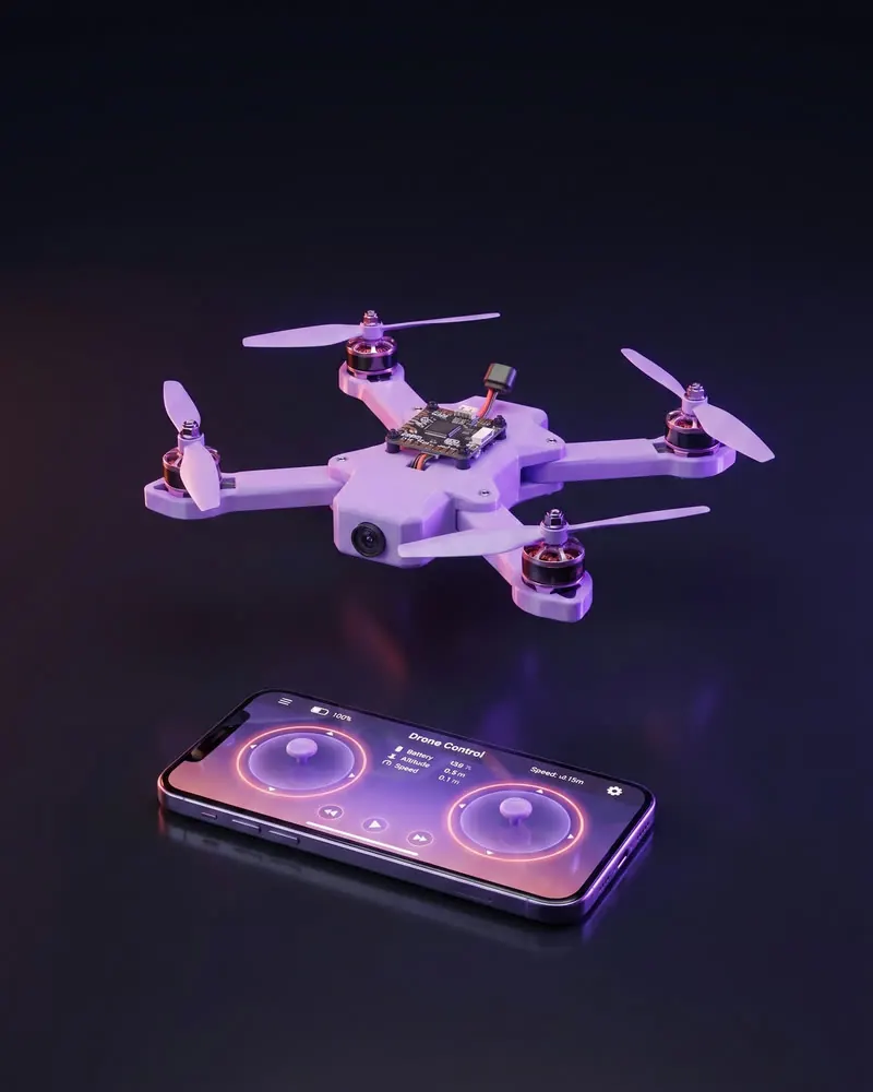 Dron con estructura impresa en 3D junto a un teléfono con la aplicación de control