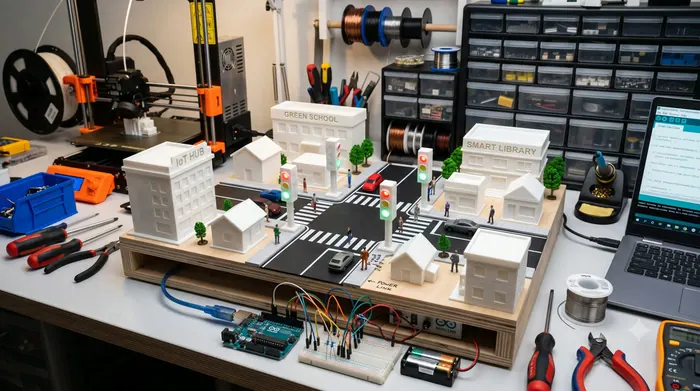 Maqueta de una ciudad con semáforos e impresiones 3D conectada a un Arduino sobre la mesa de trabajo